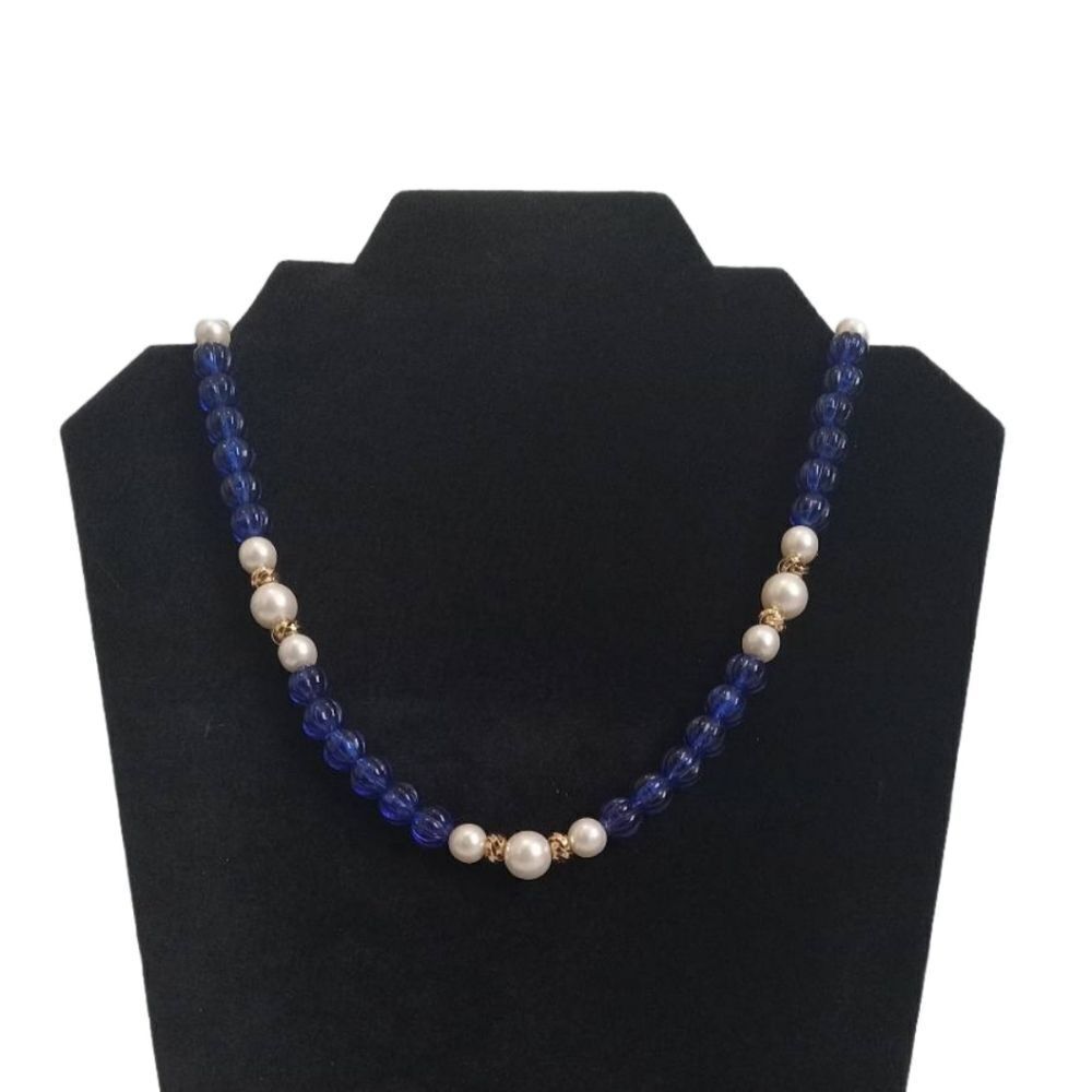 Vintage Blue and Faux Pearl Alternating Plastic Beaded Timeless Fashion Necklace